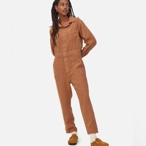 NWT Mate The Label 100% Linen Sedona Tan Long Sleeve‎ Button Up Jumpsuit Small